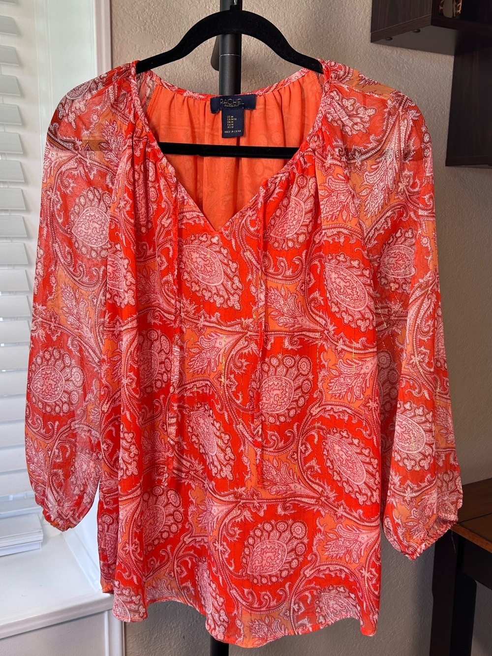 RACHEL Rachel Roy Women's Orange Paisley Long Sleeve Tunic Top Blouse. Size M